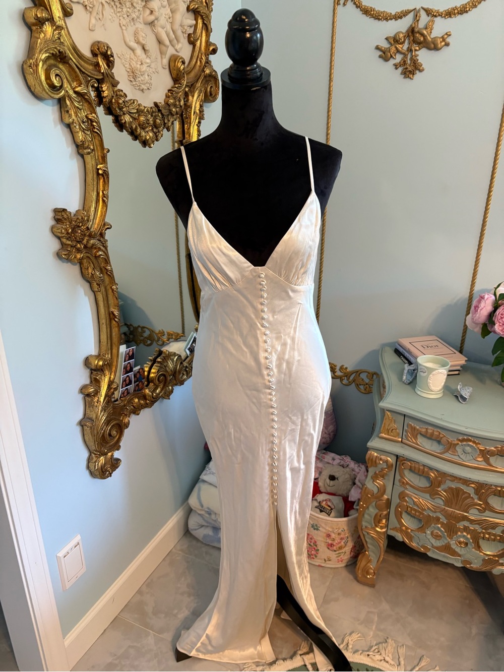 Shona Joy Ivory Satin Strapless Slip Dress with Front Button Detail